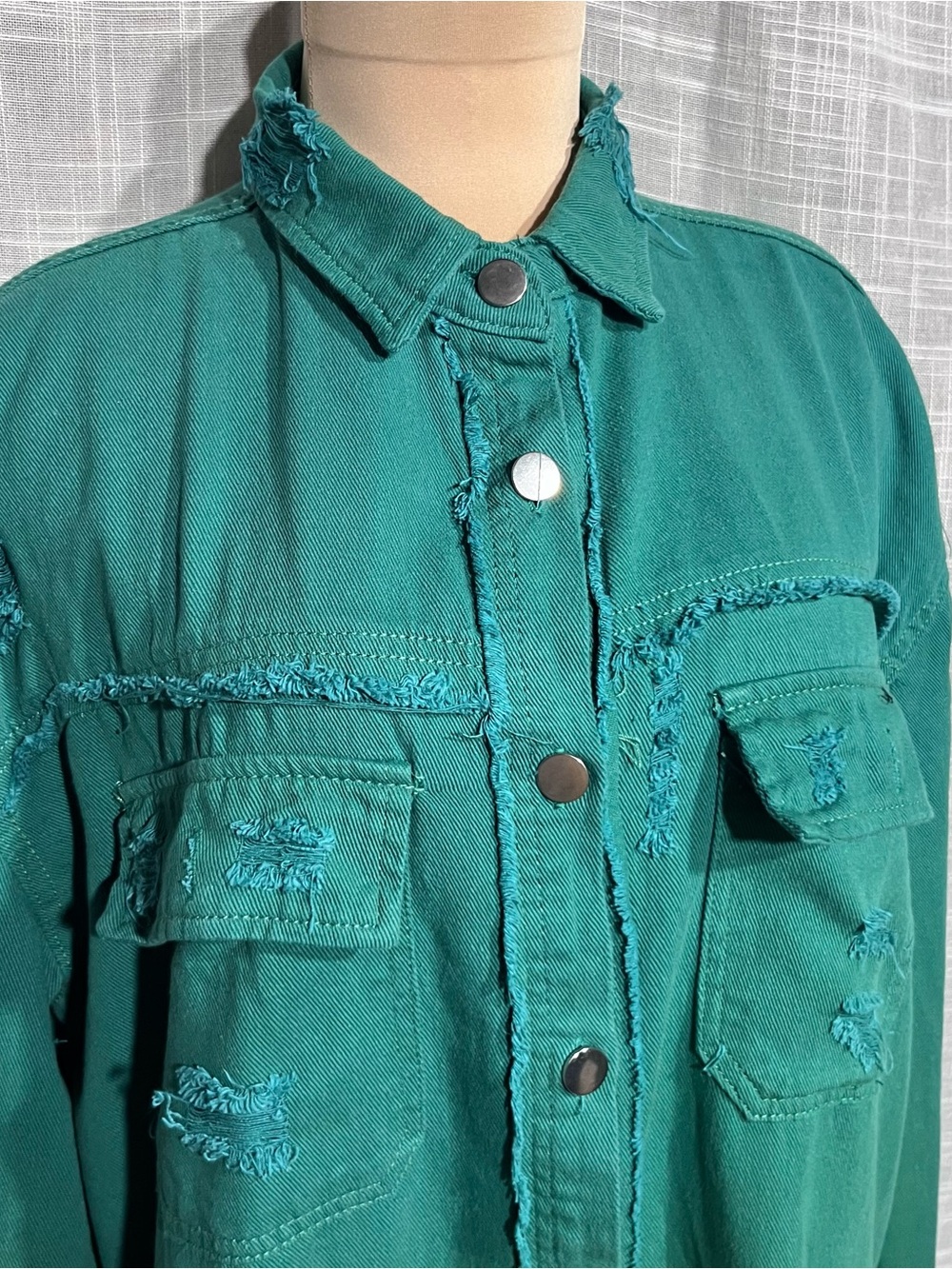 Distressed Green Button-Front Jean Jacket - Picture 3 of 14